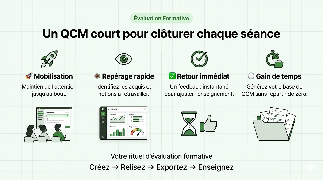 Un QCM court pour clôturer chaque séance : mobilisation, repérage rapide, retour immédiat et gain de temps avec Qnoteo